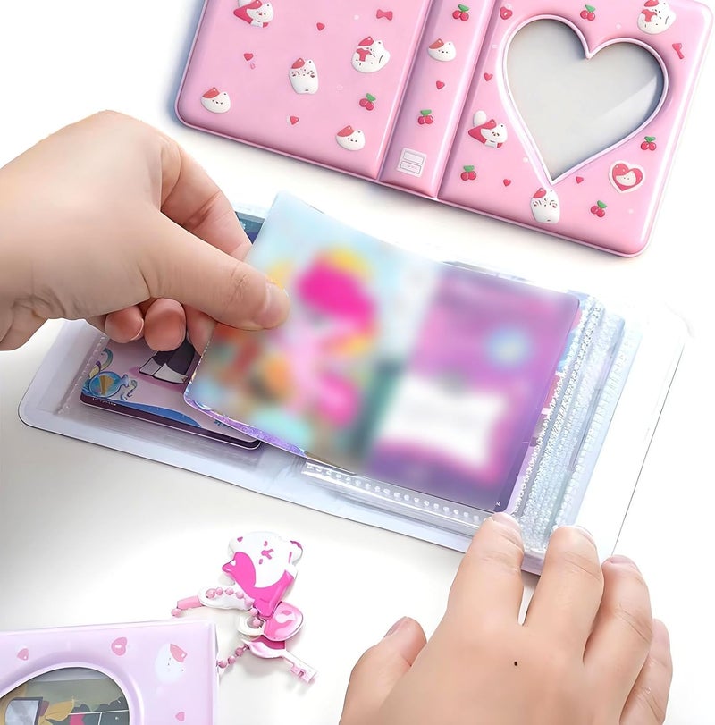 Nextpal Mini Photocard Binder, 3-Inch Heart Hollow Portable Photos Card Book with Lovely Pendant, Cute Style Kpop Card Holder Collectible Album for Fans 40 Pockets (Pink White Cat) - Image 4